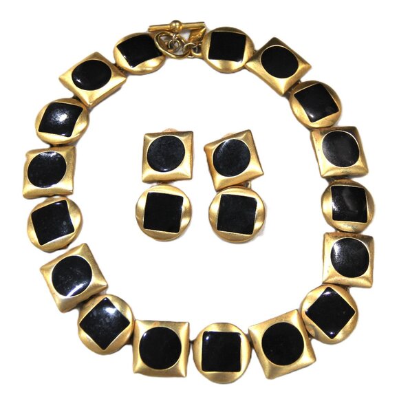 ANNE KLEIN BLACK ENAMEL MATTE GOLD STATEMENT NECKLACE & DANGLE EARRINGS SET - Picture 1 of 5